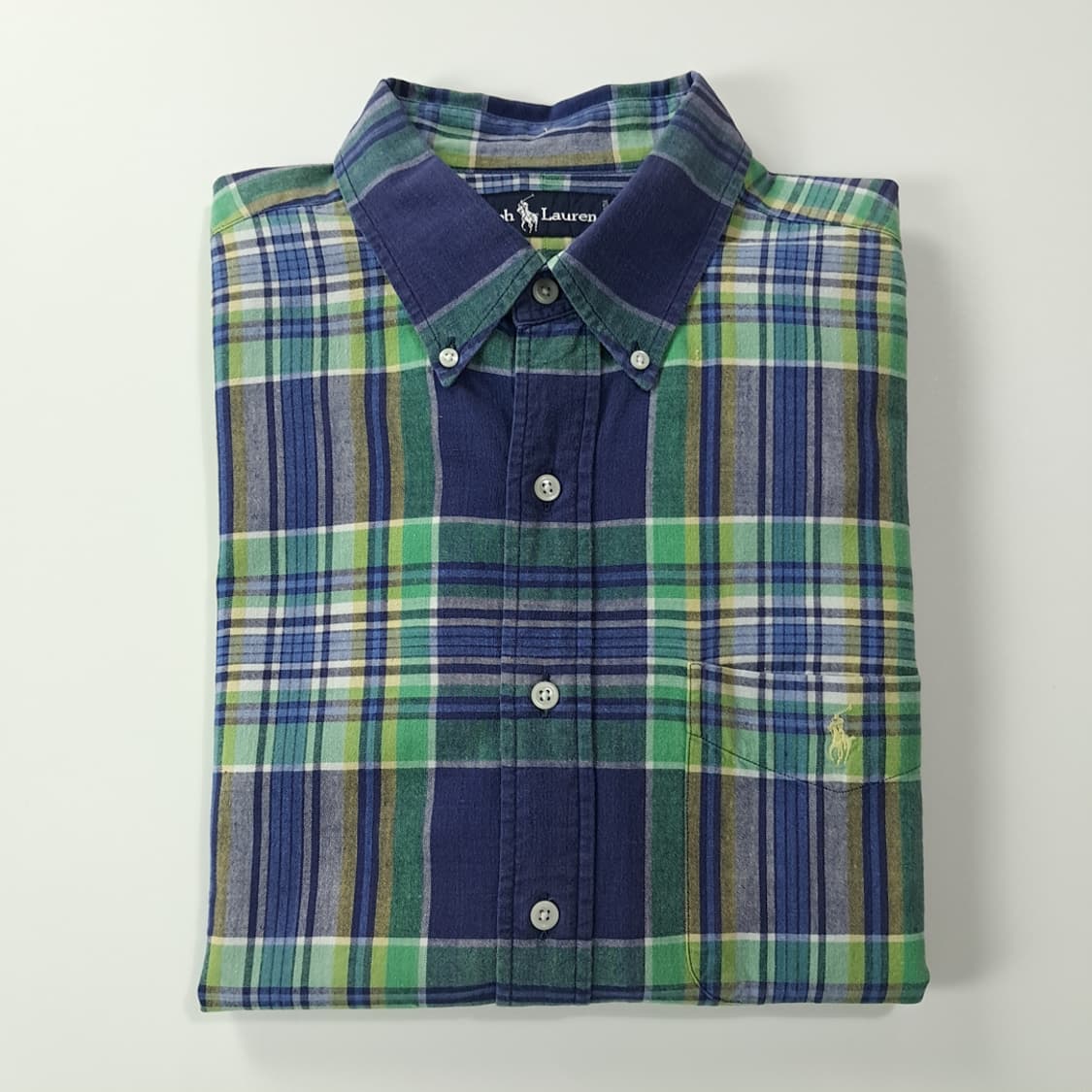 CK302 L 폴로 90s 일본판 네이비 그린 마드라스 셔츠 남방 상품이미지8