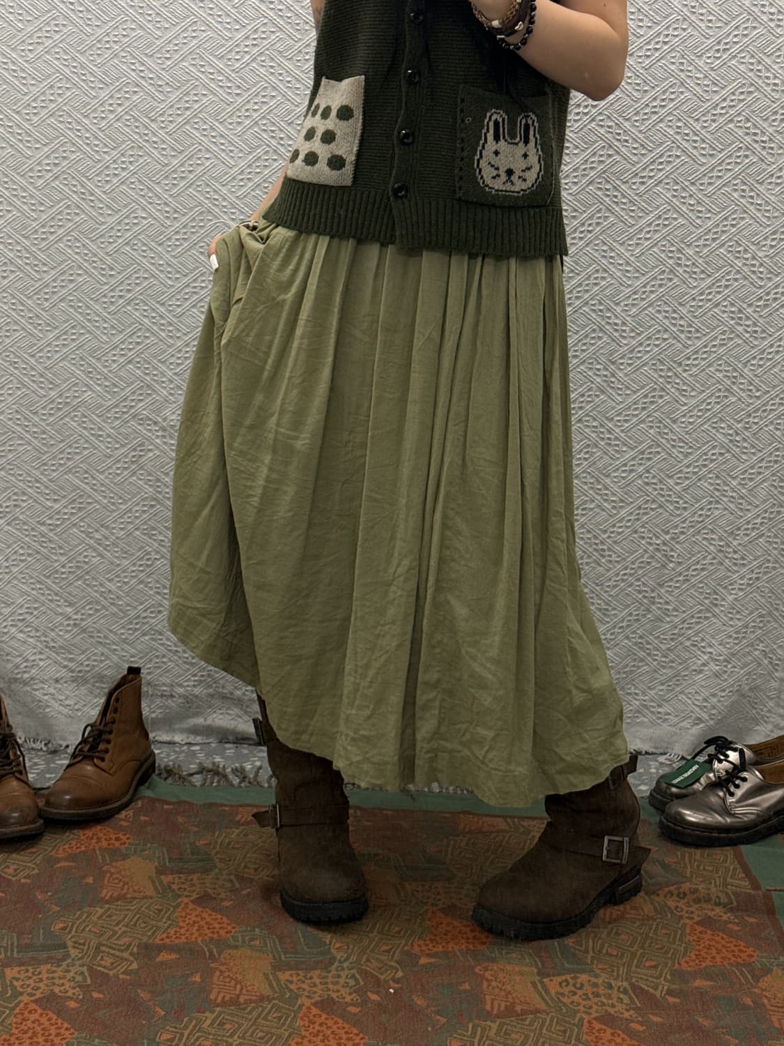 빈티지 포레스트 모리 말차카키 셔링 플레어 시어 롱스커트 K0125 상품이미지2