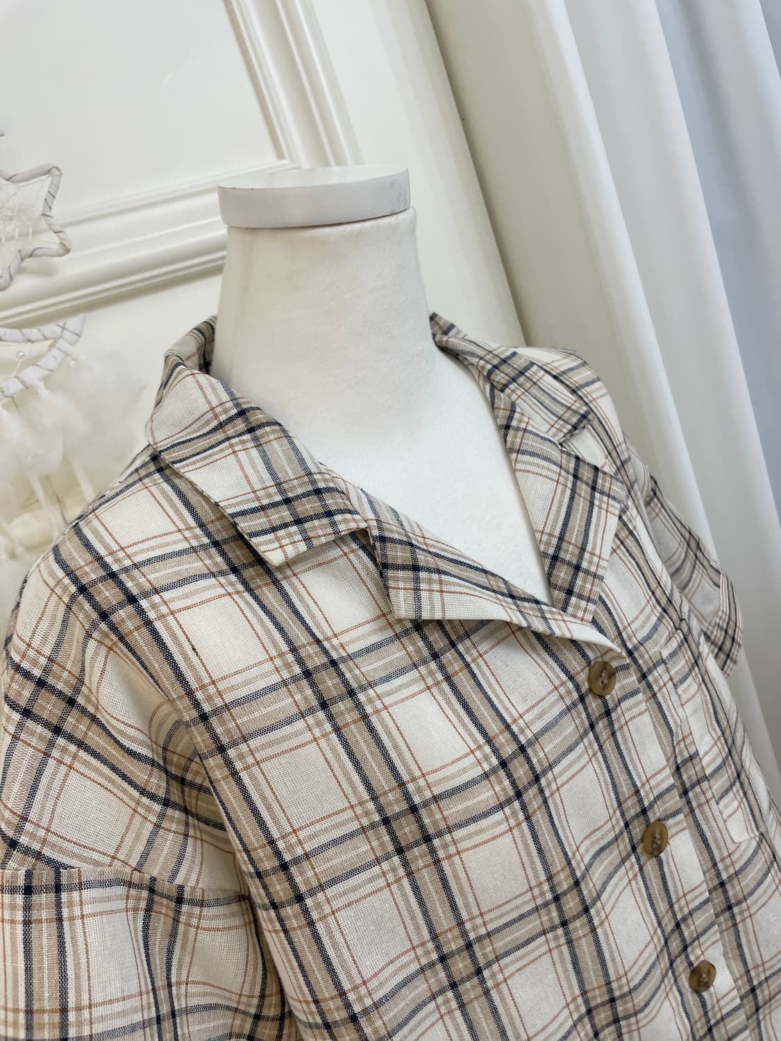 beige navy check crop summer shirt 상품이미지7