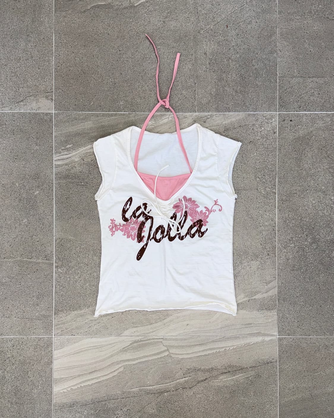Pink brown lettering halter layer half t 상품이미지1