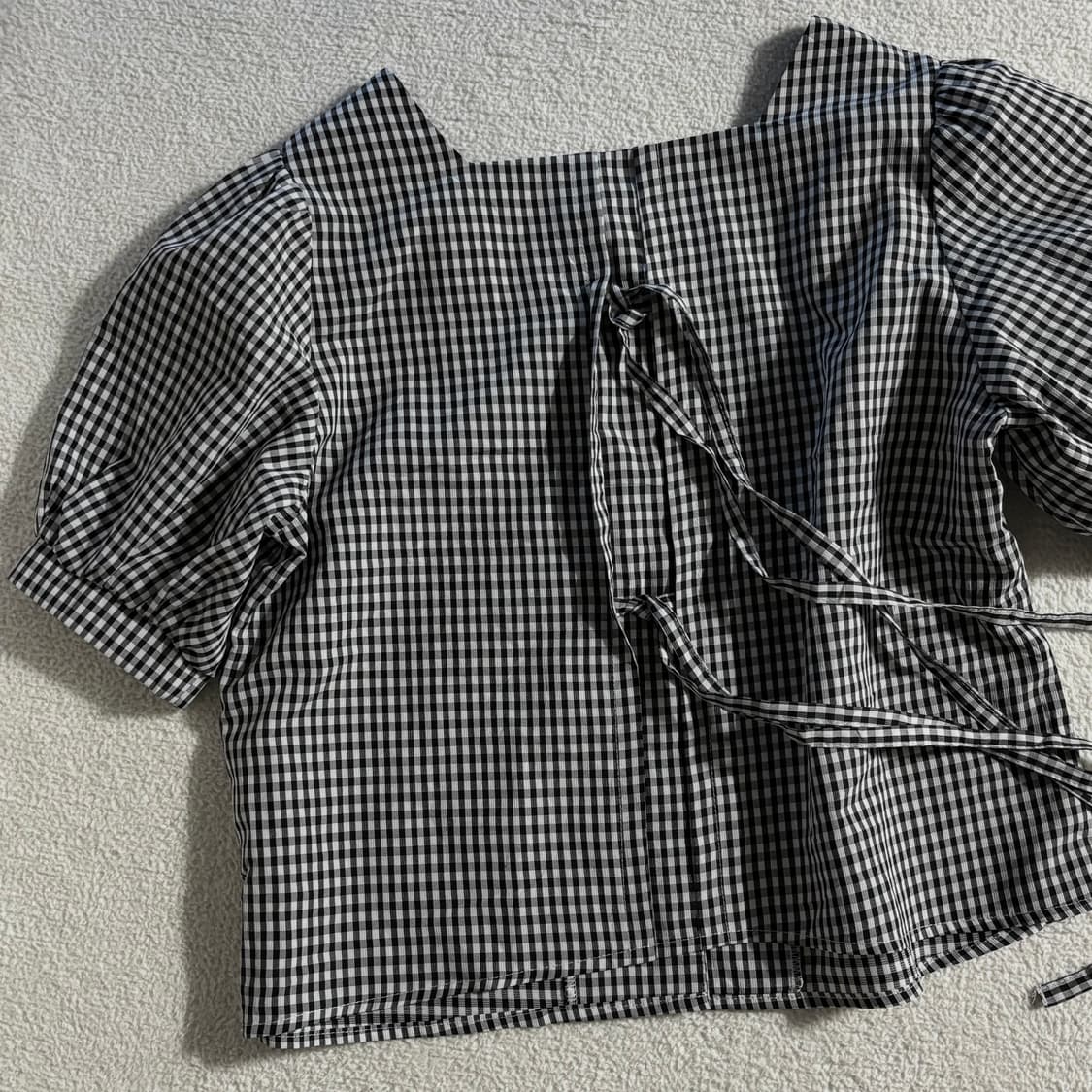 일본빈티지 블랙화이트 체크 스퀘어넥 반팔 탑 상품이미지3