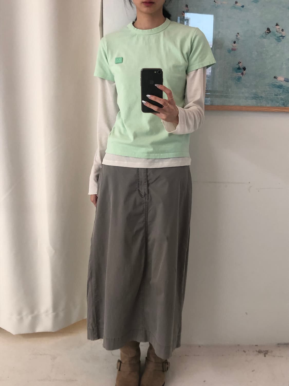 일본빈티지 카키 코튼 롱스커트 상품이미지4