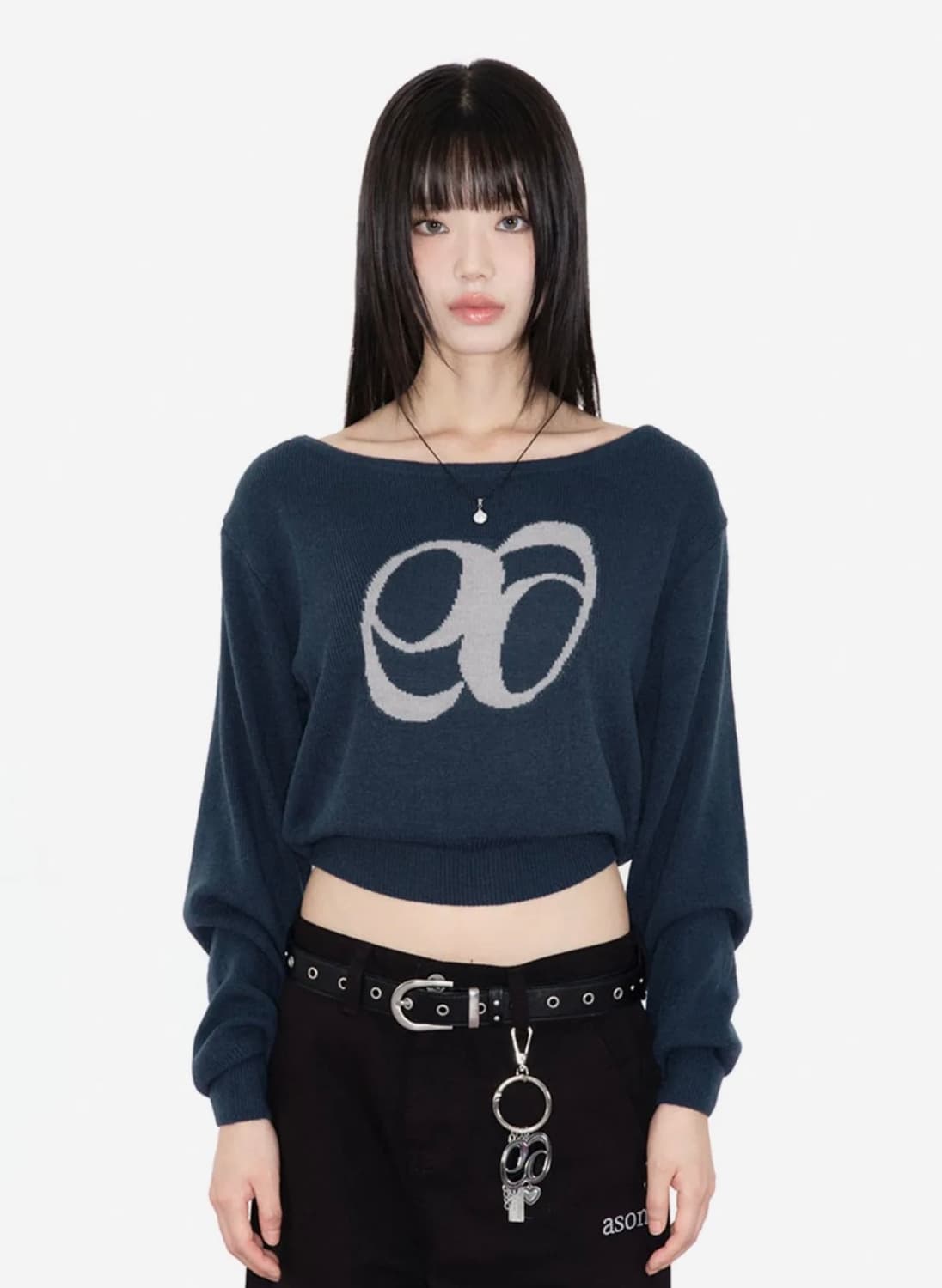 애즈온 보트넥 니트 블루 그린 상품이미지1