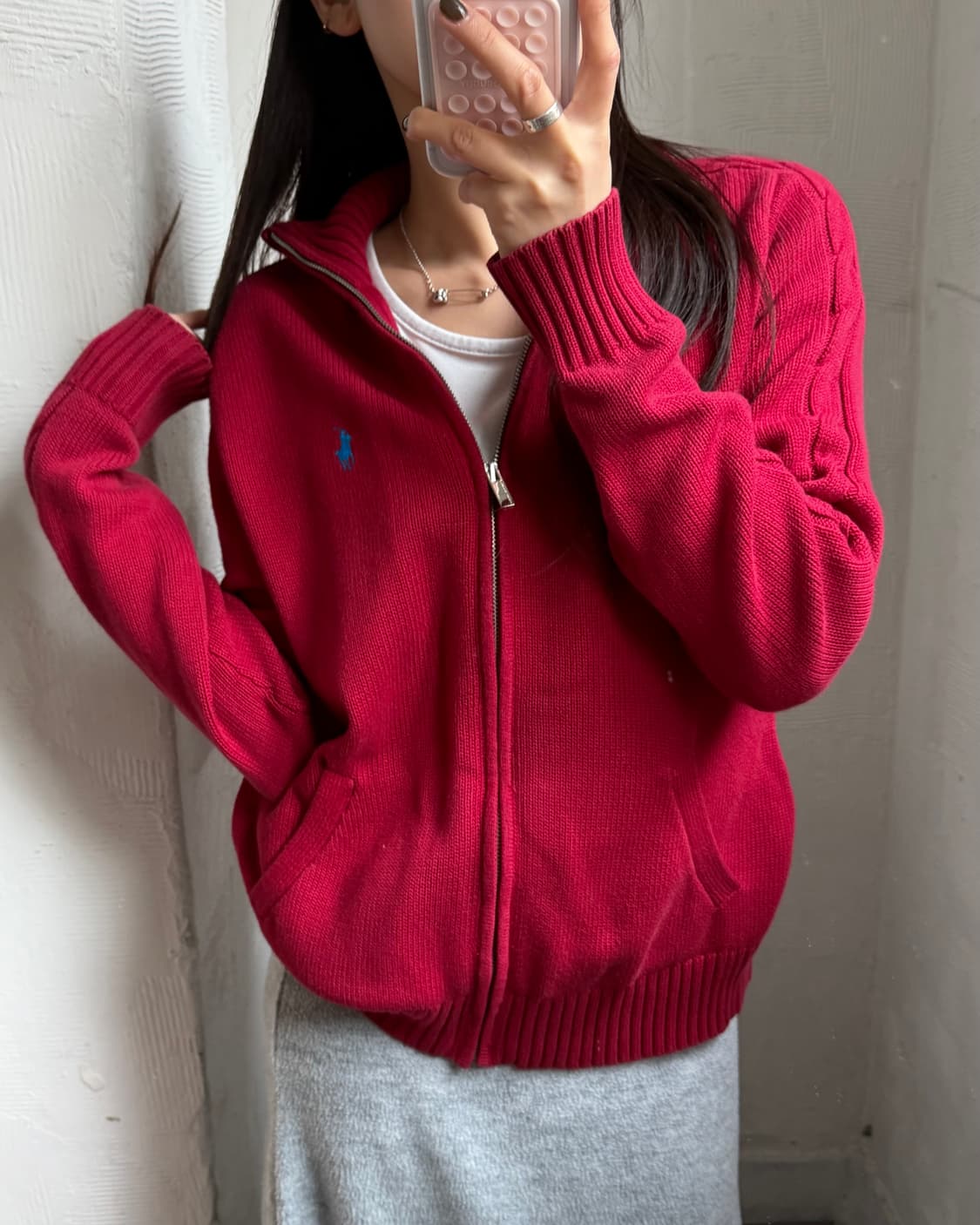 Polo 랄프로렌 코튼 레드컬러 사이드라인 니트집업 상품이미지1