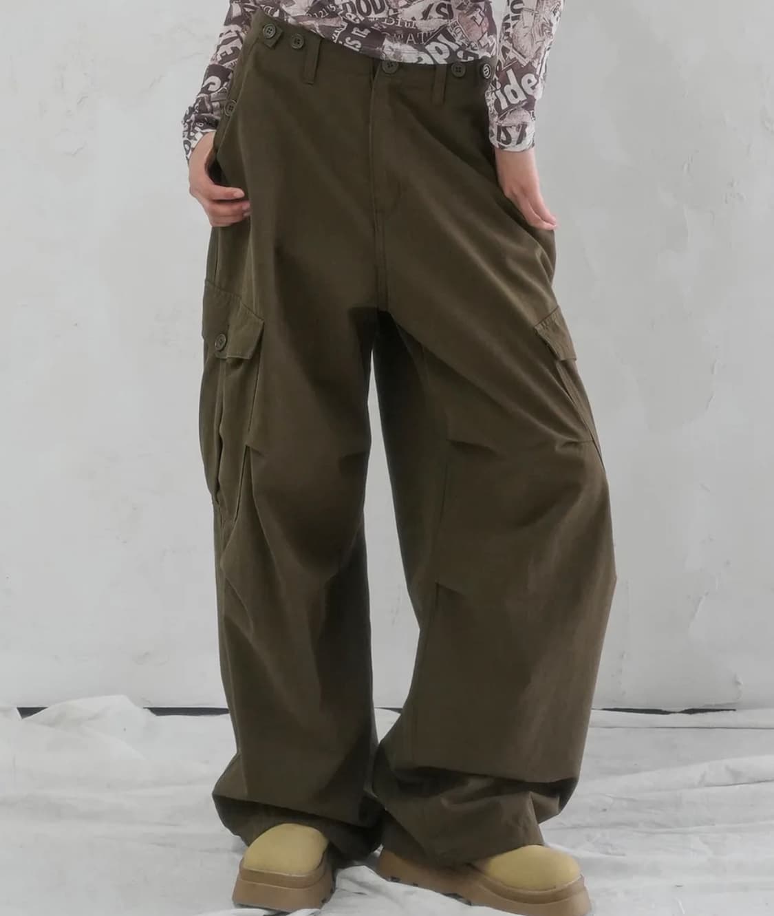 엔터 와이드 카고 코튼 팬츠 카키 상품이미지1