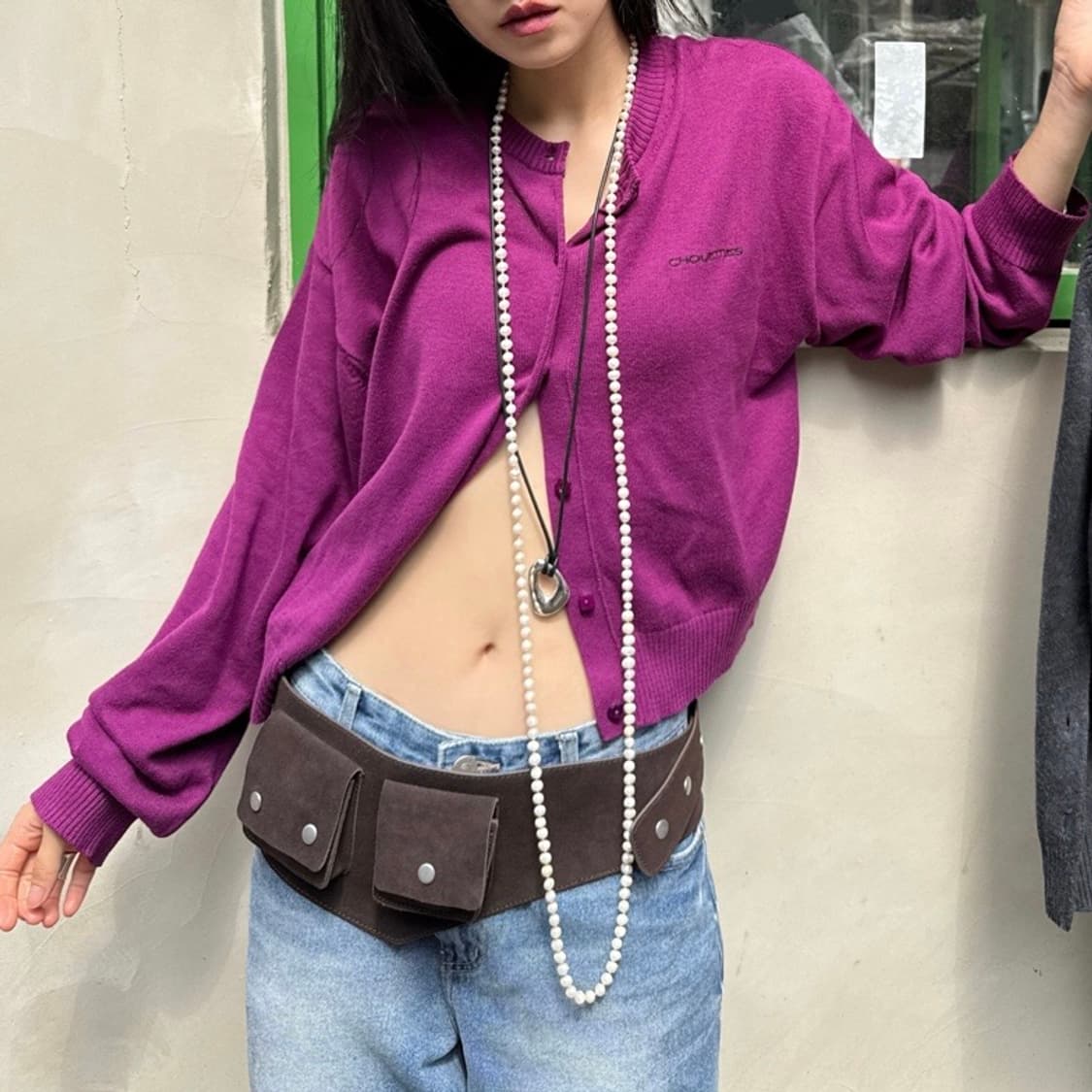 럭키슈에뜨 unbalance knit cardigan purple 상품이미지2