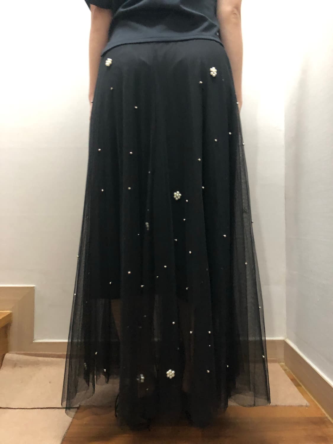 빈티지 블랙 레이스 펄 롱 스커트 상품이미지6