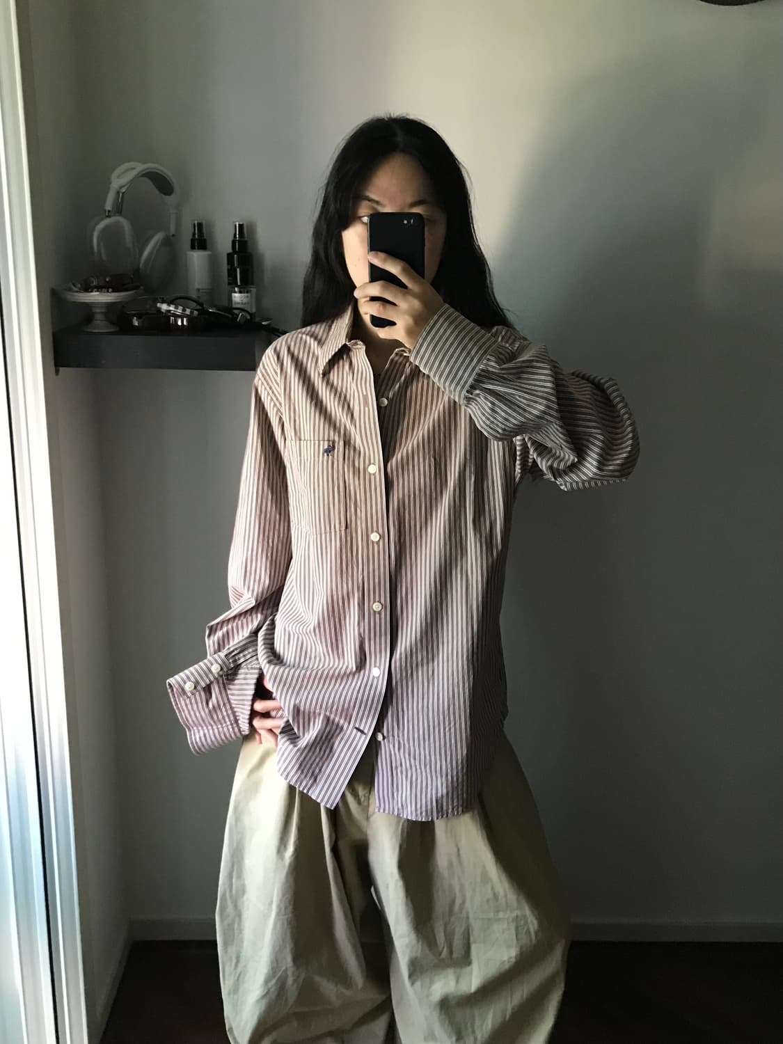 아베크롬비 산양 로고 포켓 브라운 스트라이프 셔츠 상품이미지1