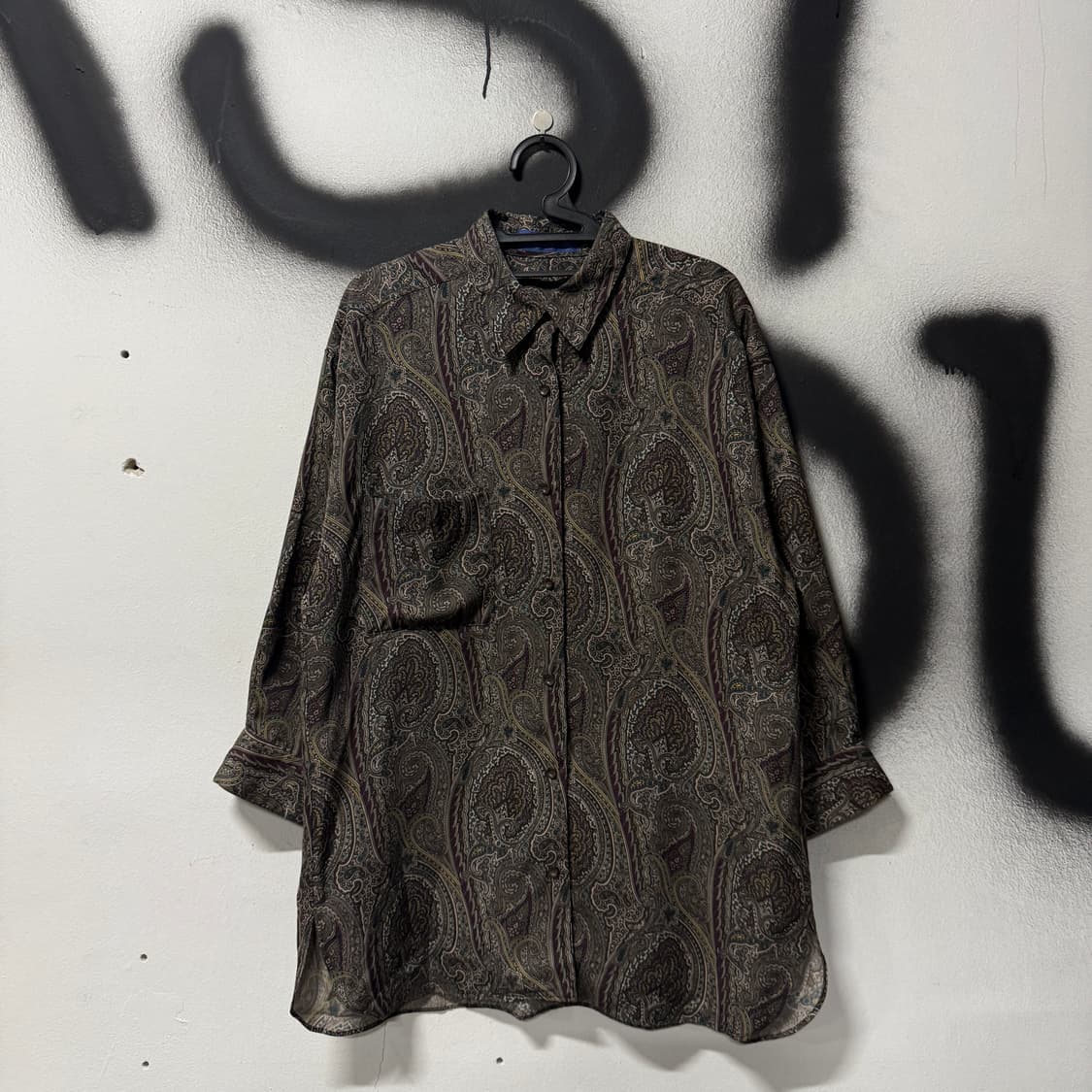 VTG 빈티지 브라운 페이즐리 패턴 원포켓 긴팔 셔츠 상품이미지1