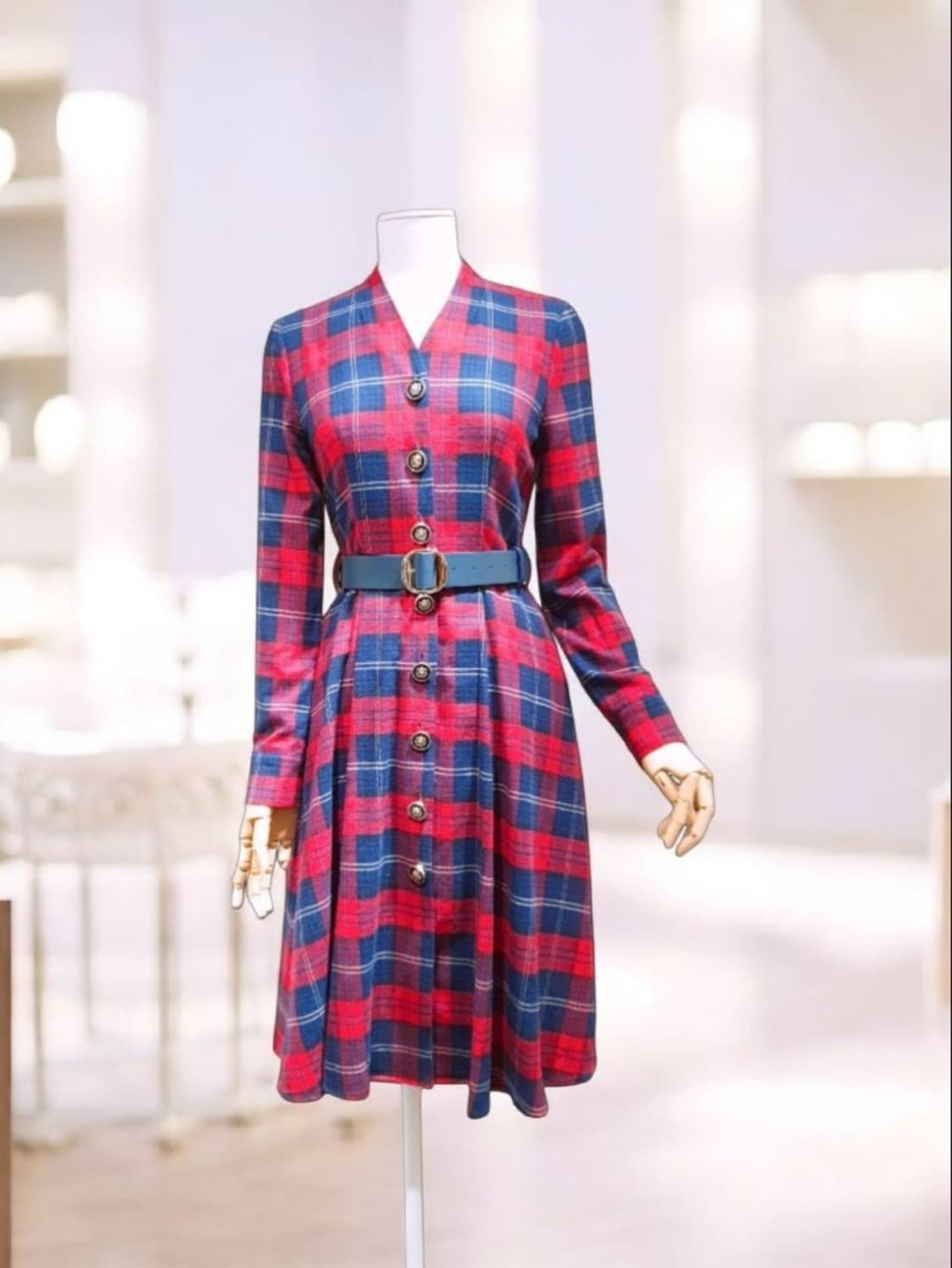 샤틴 울 체크 벨티드 A라인 미디원피스 66 상품이미지1