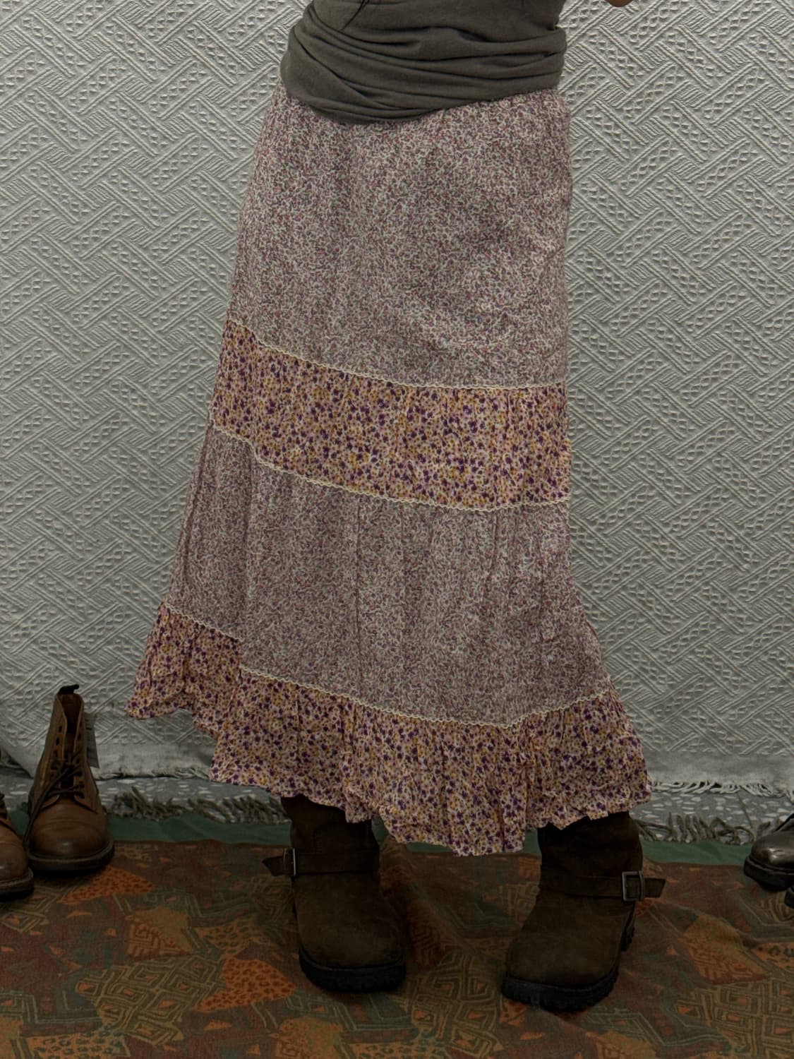 빈티지 모리걸 잔꽃 패치워크 퍼플핑크 플레어 롱스커트 K0140 상품이미지1