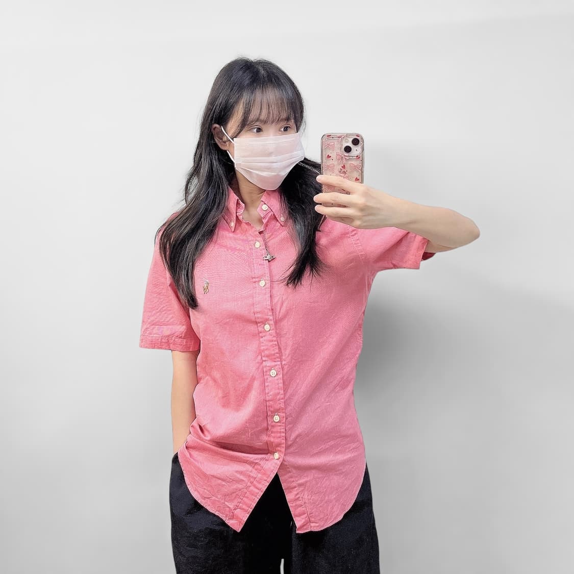 폴로 슬림핏 반팔 셔츠 핑크 상품이미지1