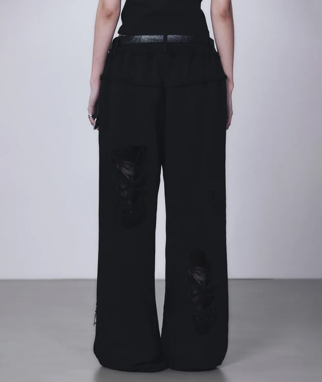 트리밍버드 스크래치 데미지 와이드 스웻팬츠 블랙 상품이미지3