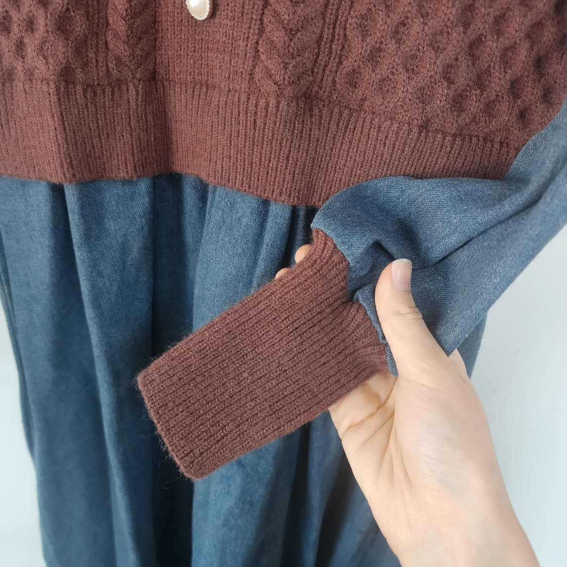 꽈배기 니트 데님 믹스 롱 원피스 상품이미지3