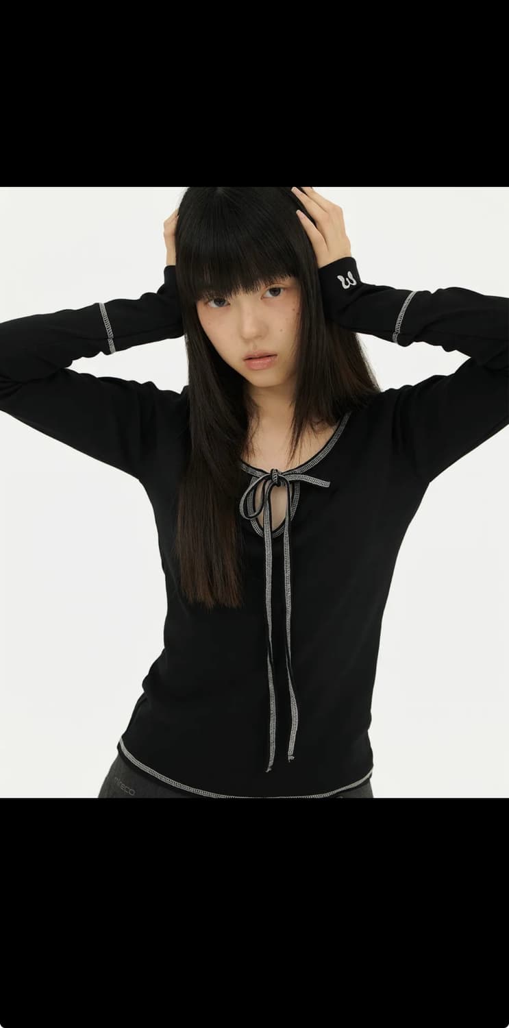 미레코 스티치 리본 티 블랙 상품이미지1