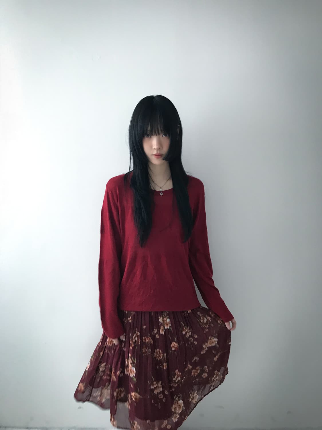 Burgundy Flower Chiffon Skirt 상품이미지5