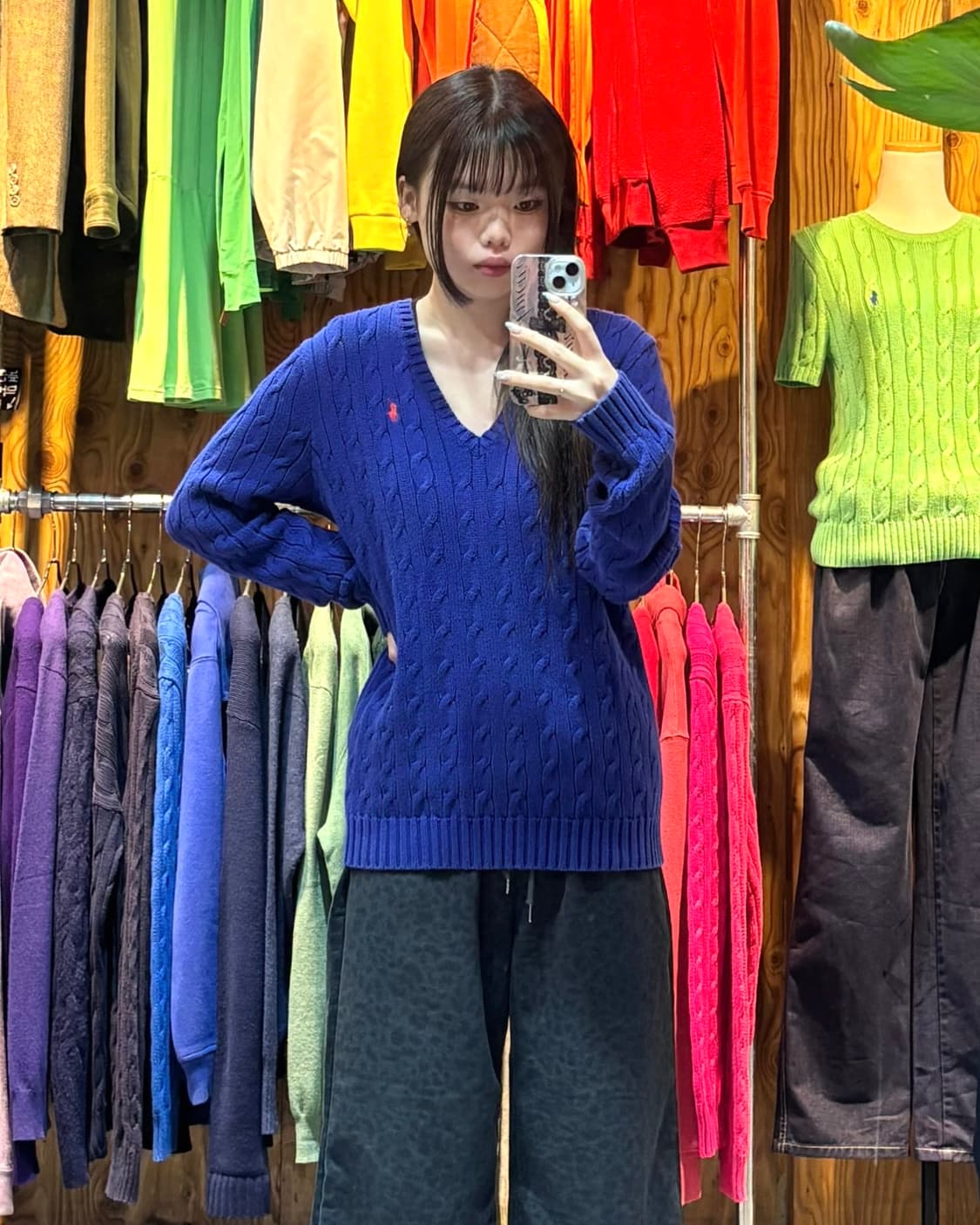 L 폴로랄프로렌 오렌지포니 케이블 블루 브이넥 니트 상품이미지1