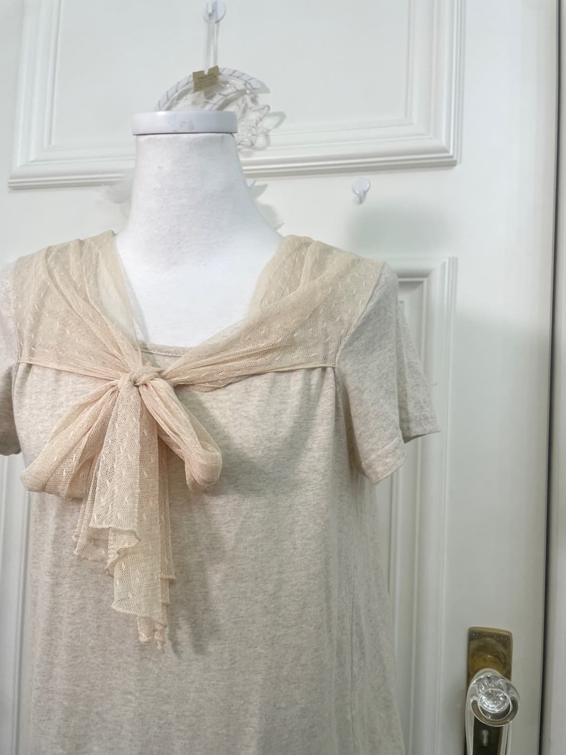 oatmeal dot lace bow point back shirring 상품이미지7