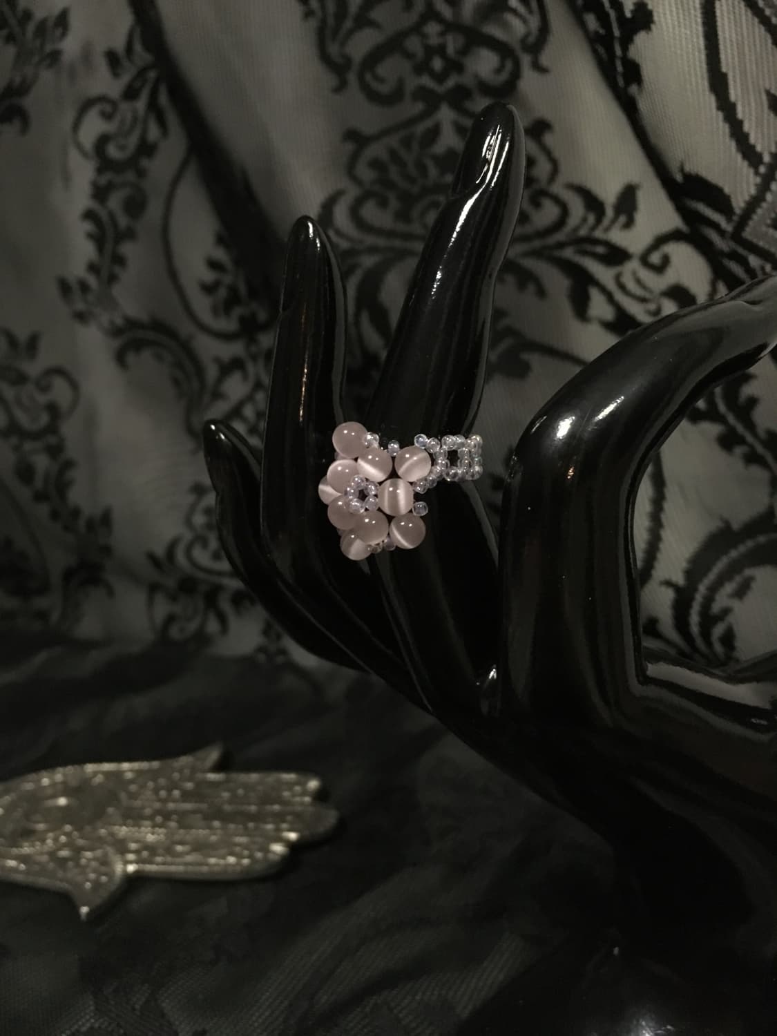 Vintage 스윙셋 캣츠아이 원석 비즈 퍼플 보라빛 꽃 링 반지 상품이미지3