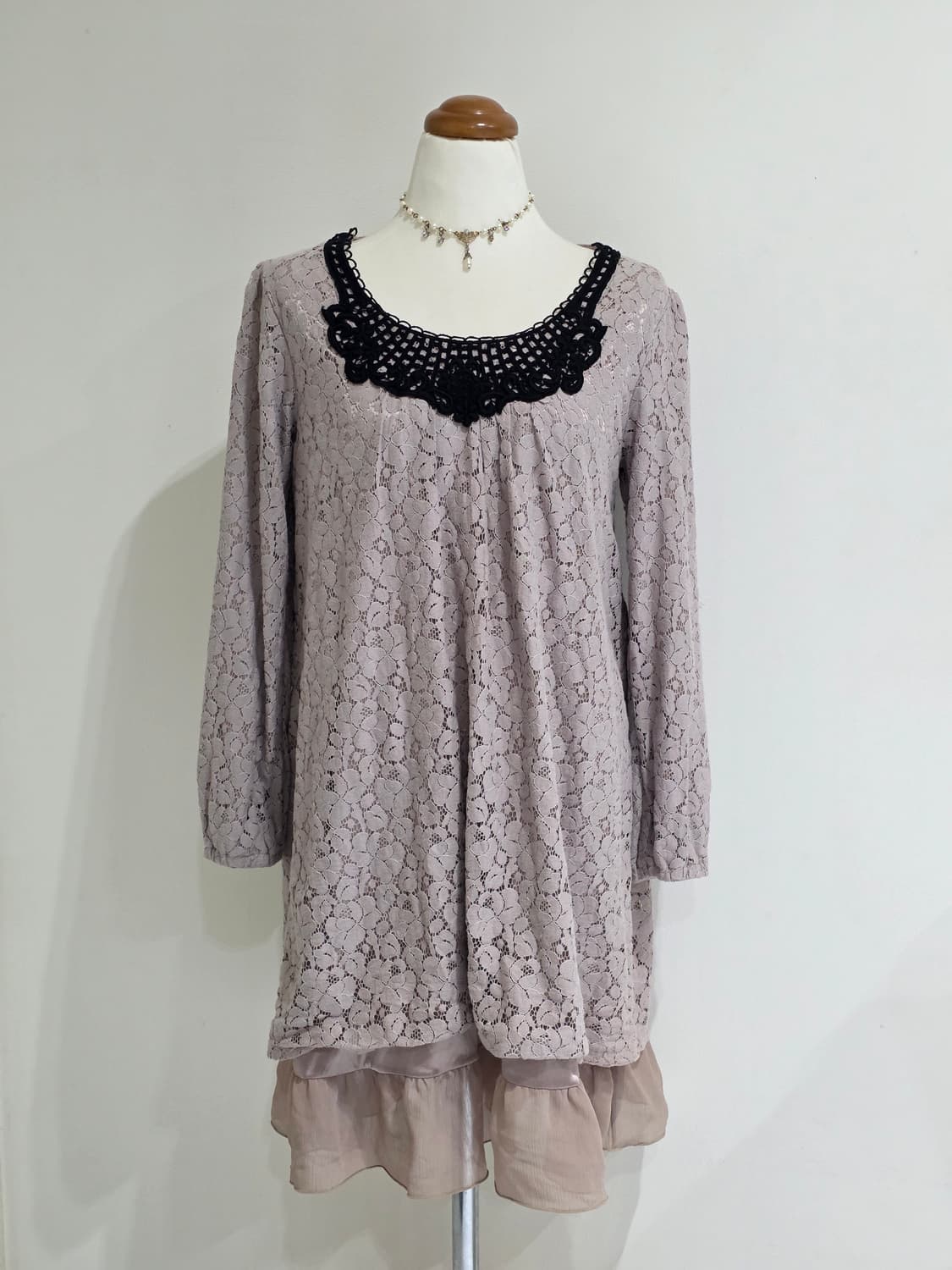 일본빈티지)밀크티라떼히메갸루 니트레이스크로셰 모리걸 레이어드원피스 상품이미지2