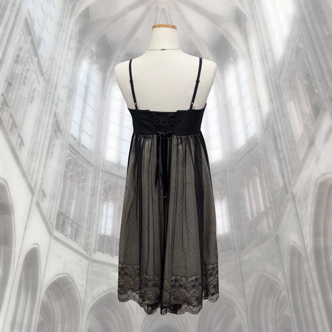 블랙 레이스 레이어드 슬리브리스 파티 원피스 갸루 상품이미지3