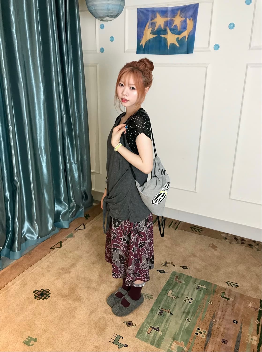 도트 이너와 그레이 매듭 슬리브리스를 레이어드한 그런지 키치 룩𓂃˖₊ 상품이미지3