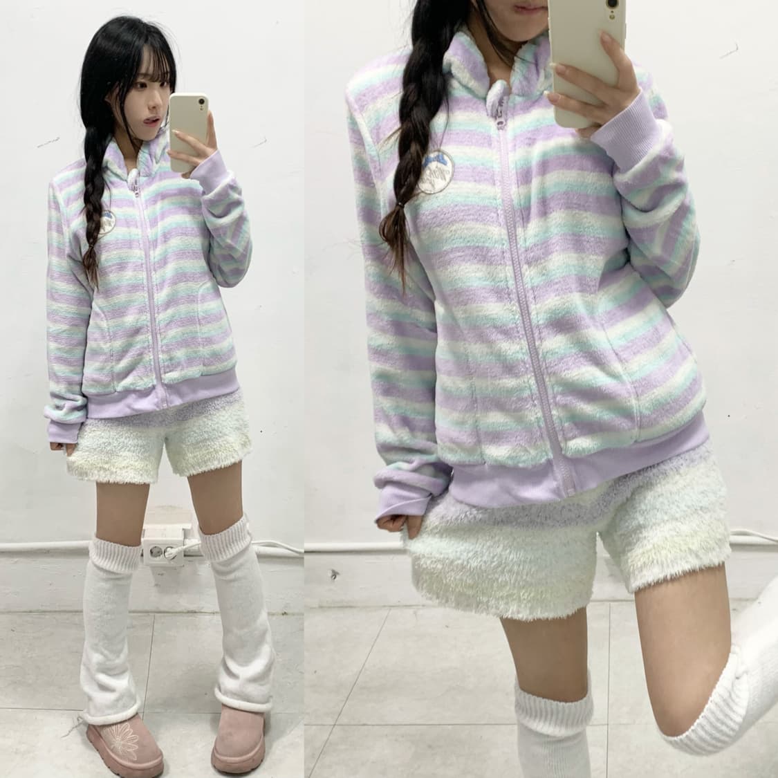 조지후쿠 파스텔 스트라이프 폭닥 후드집업 상품이미지1