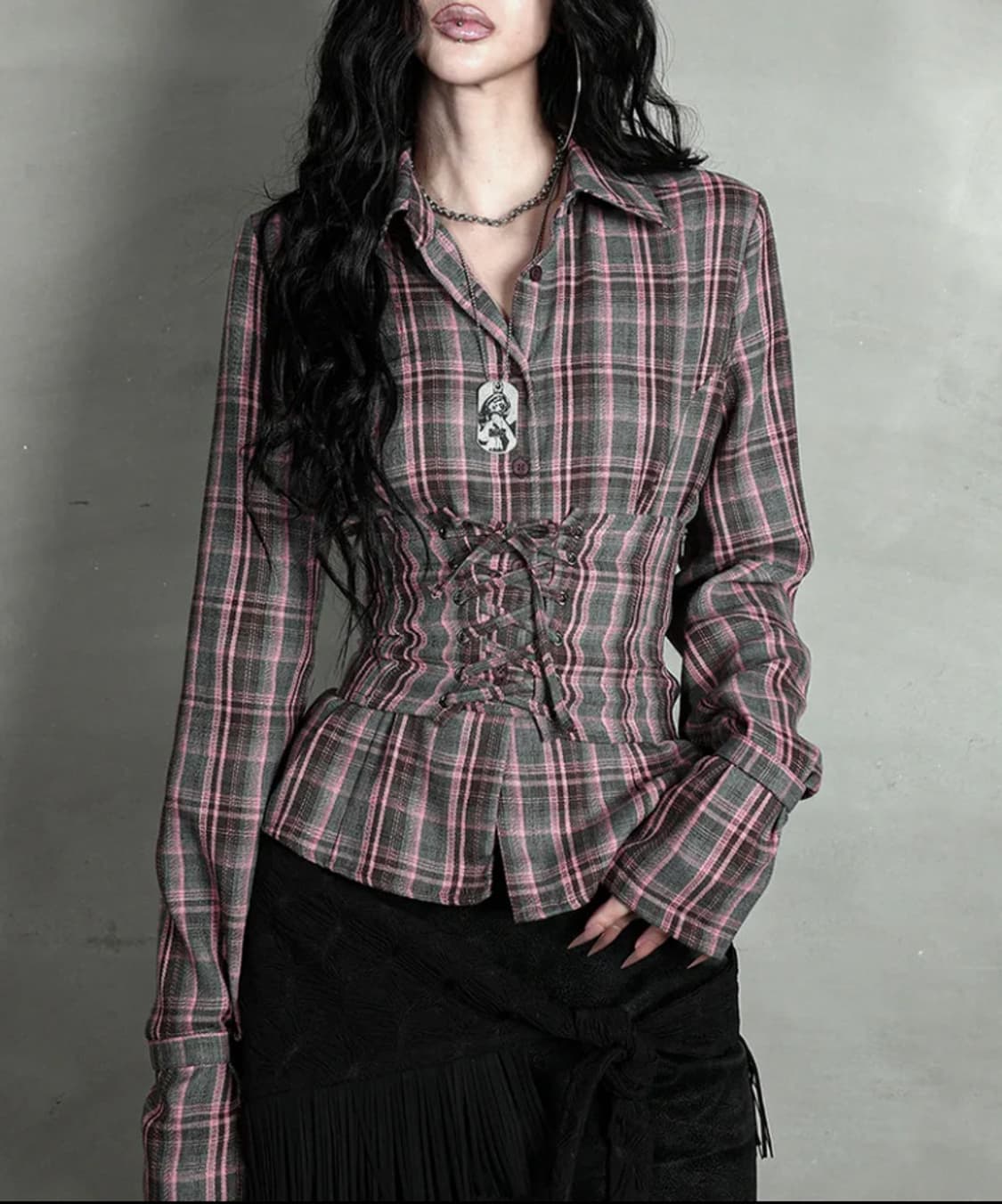 달링유어배드 체크 코르셋 셔츠 핑크그레이 상품이미지1