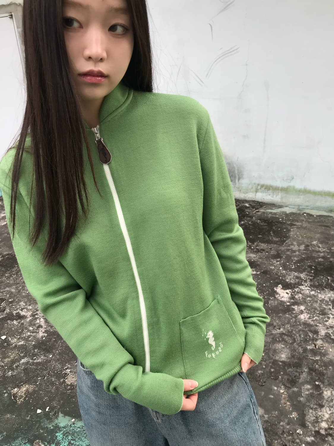 해마 연두 니트 집업 상품이미지1