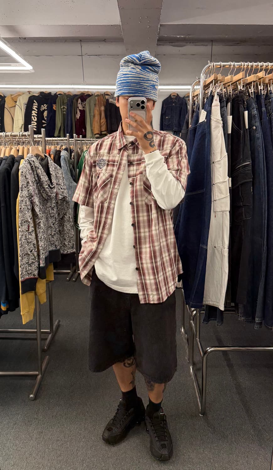 XL)할리데이비슨 빈티지 3포캣 체크패턴 반팔 셔츠 상품이미지1