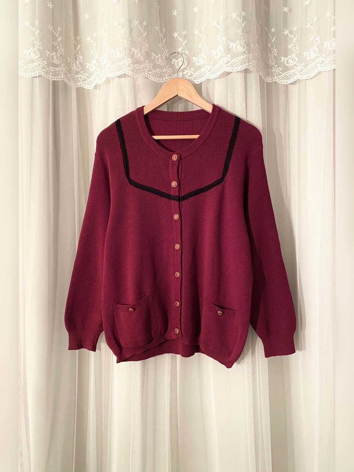 Vintage Burgundy Wool Lace Cardigan 상품이미지1