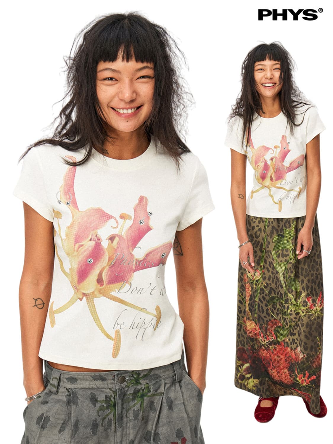 phys 펑크 플라워 프린트 반팔티 상품이미지1