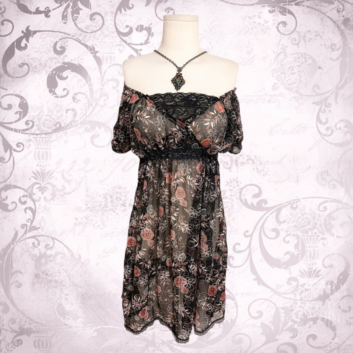 파우닝 빈티지 오리엔탈 블랙 은사 포인트 장미 오프숄더 시스루 원피스  상품이미지2