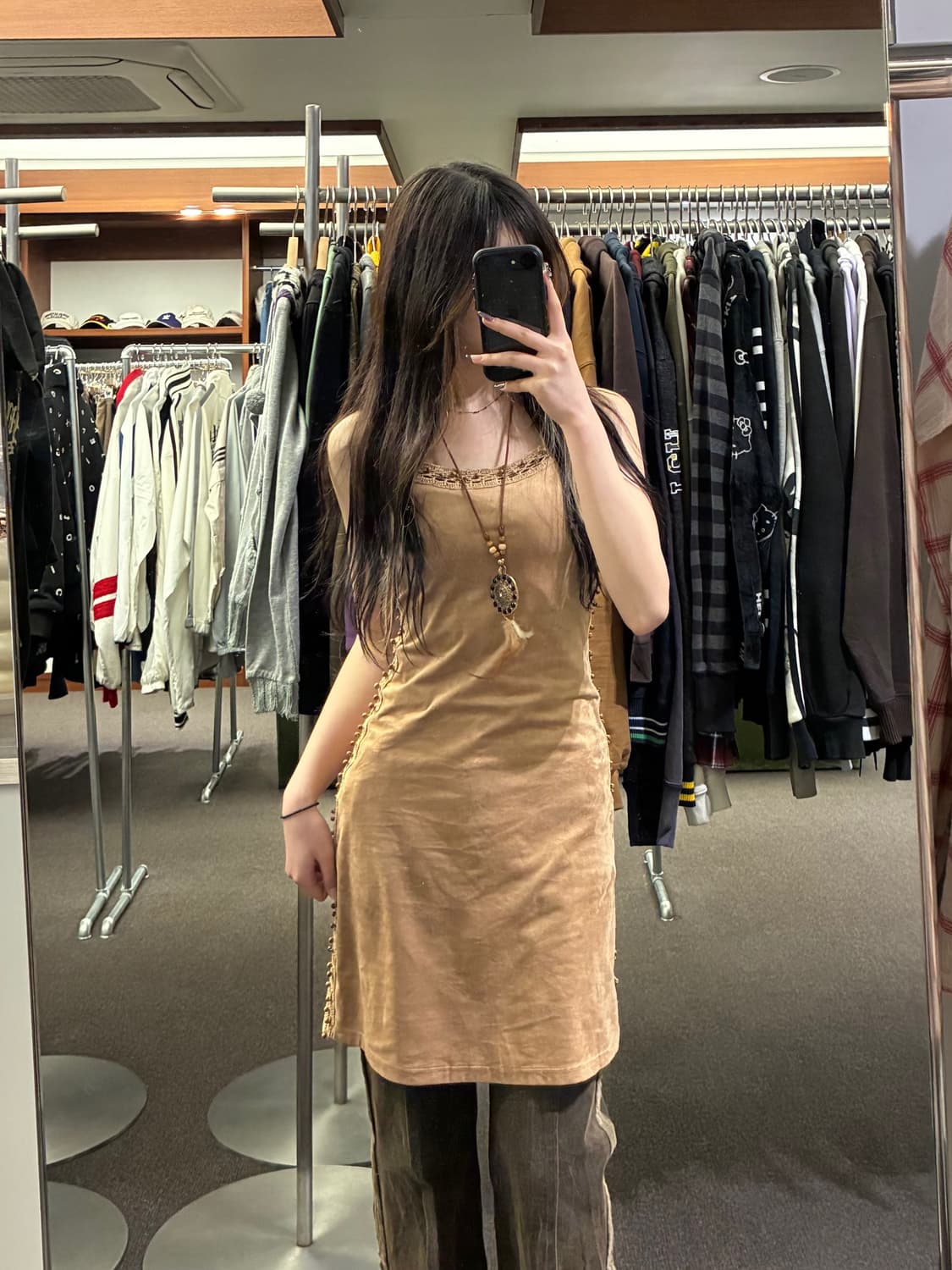 XS)Japanese vintage 구슬 크로셰 디테일 스웨이드 원피스 상품이미지1