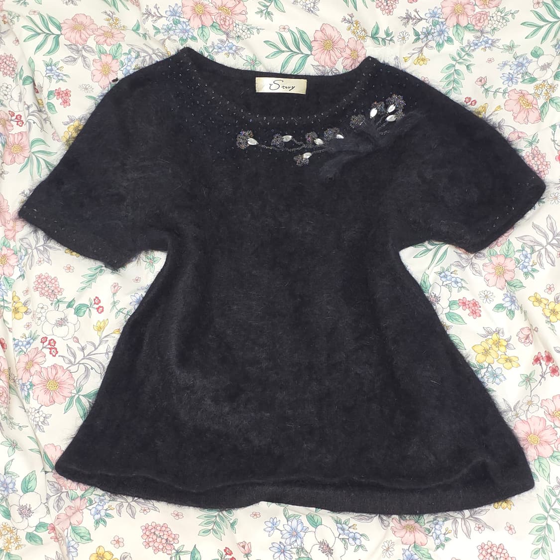 일본빈티지)블랙 고딕모리걸st 앙고라 리본큐빅비즈 로맨틱 반팔니트 상품이미지2