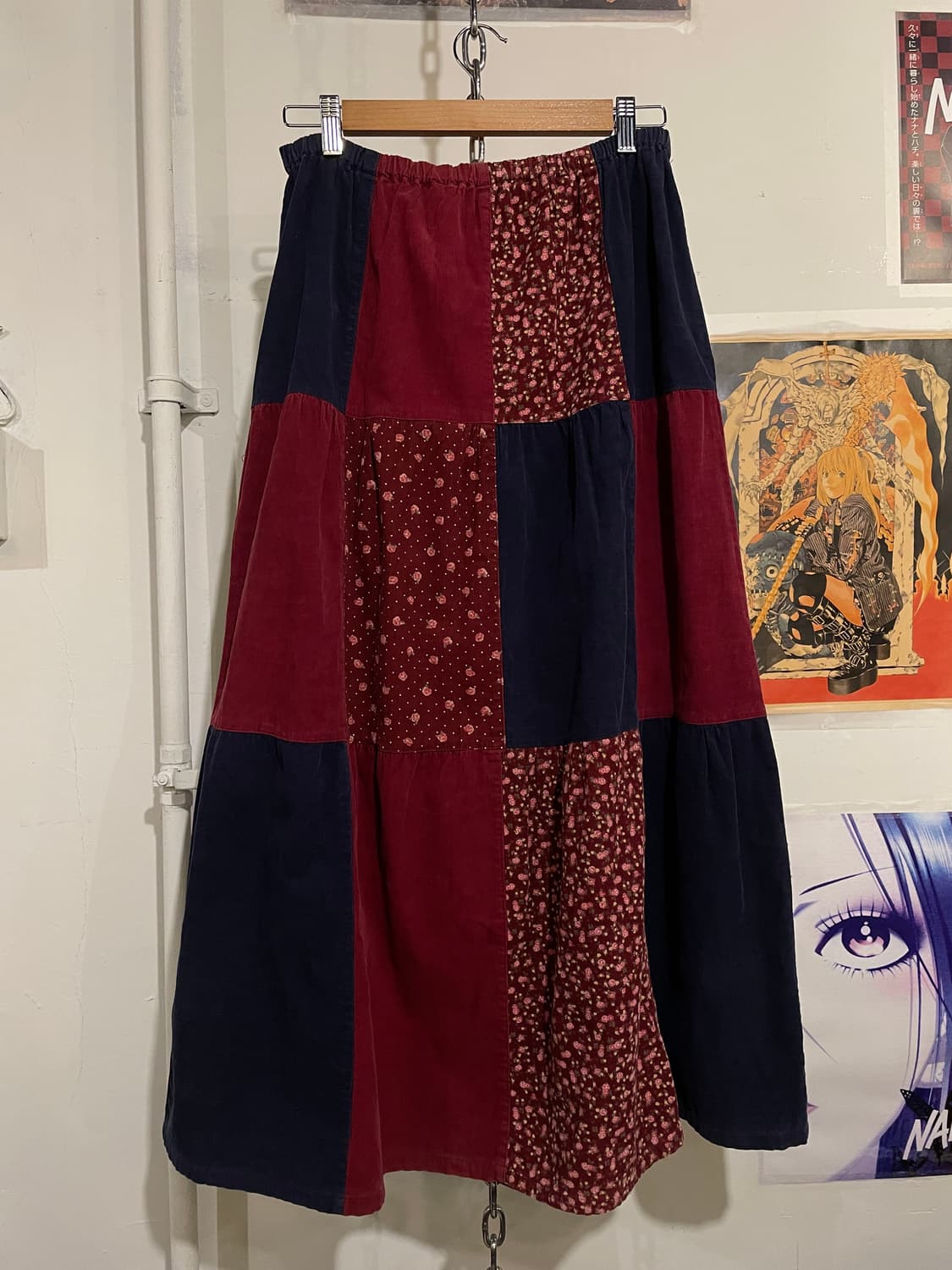 플라워 도트 패턴 패치워크 레드 스커트 모리 히피 상품이미지4