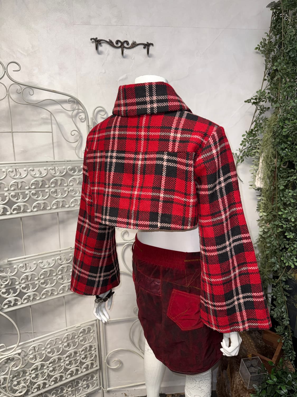 Red black tartan check crop double jk 상품이미지6