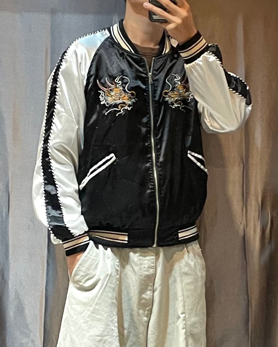 M 용 자수 디테일 사틴 블랙 스카잔 상품이미지2