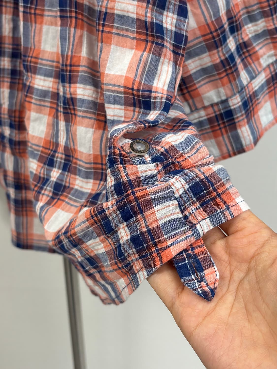  오렌지 믹스 체크 반오픈 오버사이즈 블라우스 상품이미지4