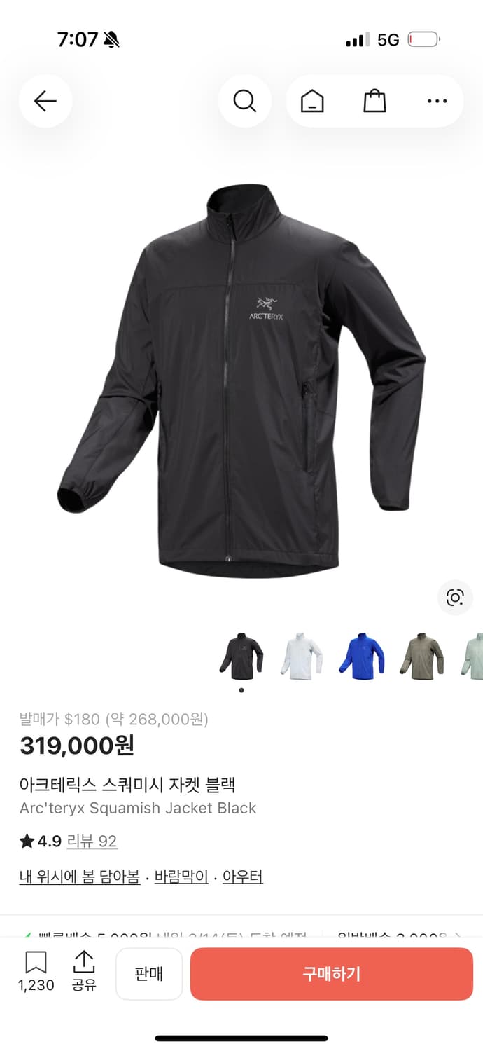 아크테릭스 스쿼미시 자켓 L 사이즈  상태 9.5/10  사진찍고 절대  상품이미지1