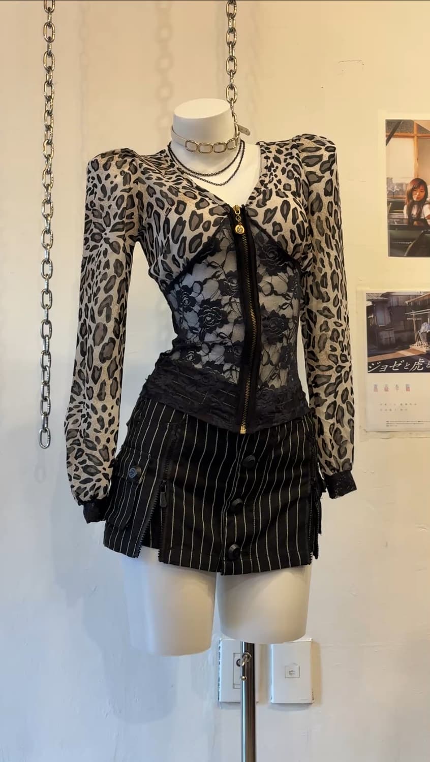 레오파드 패턴 시스루 레이스 집업 탑 갸루 상품이미지1