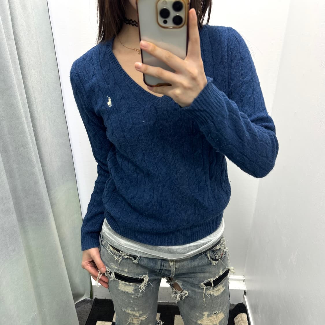 폴로 블루 브이넥 케이블 니트 상품이미지2