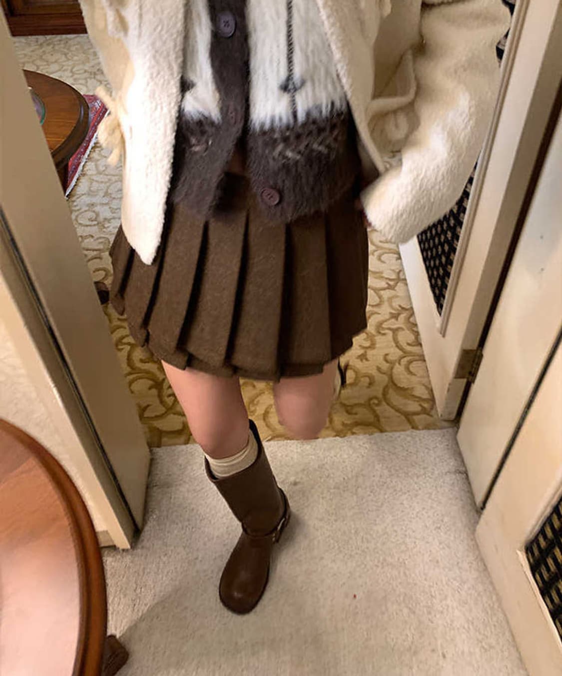 DULA 울 브라운 더블 플리츠 미니스커트 상품이미지2