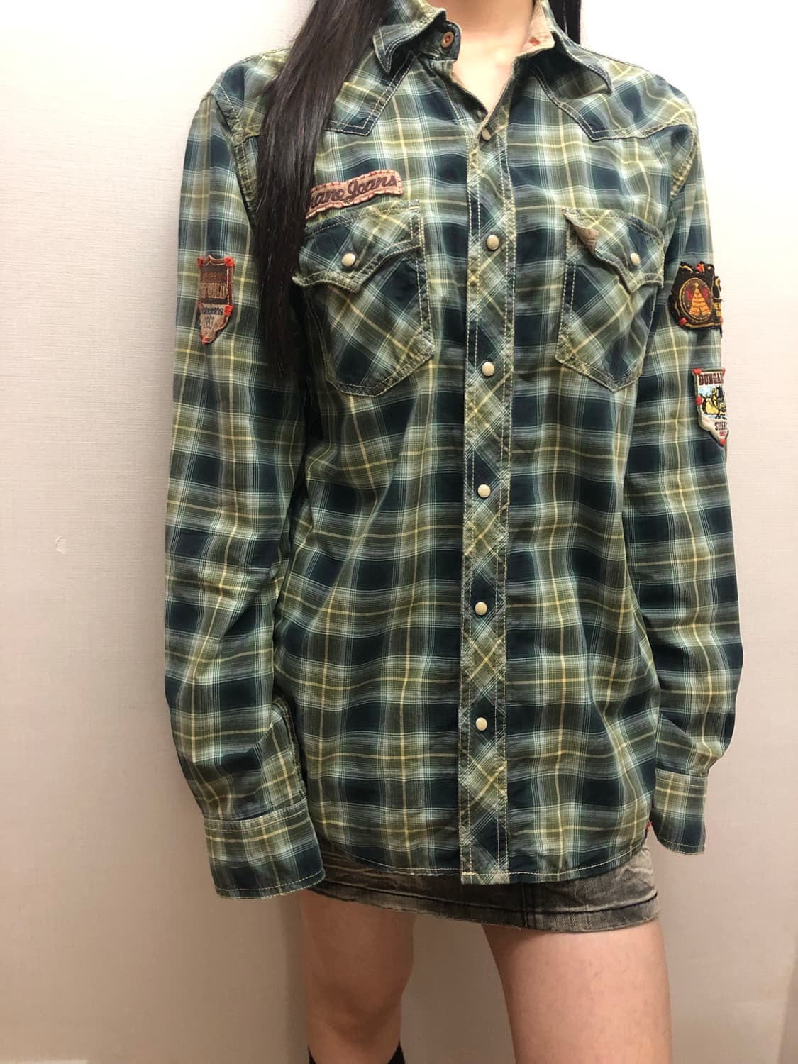 빈티지 그린 체크 패치 셔츠 상품이미지5