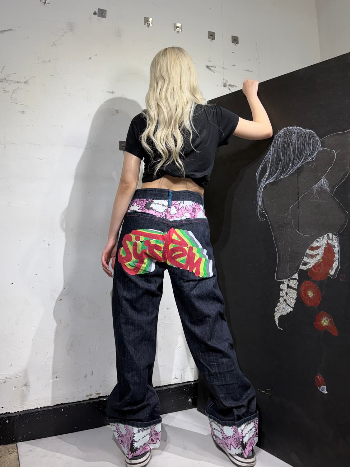 90s JPN 일본 빈티지 락 펑크 프린팅 와이드 데님 팬츠 청바지 상품이미지1