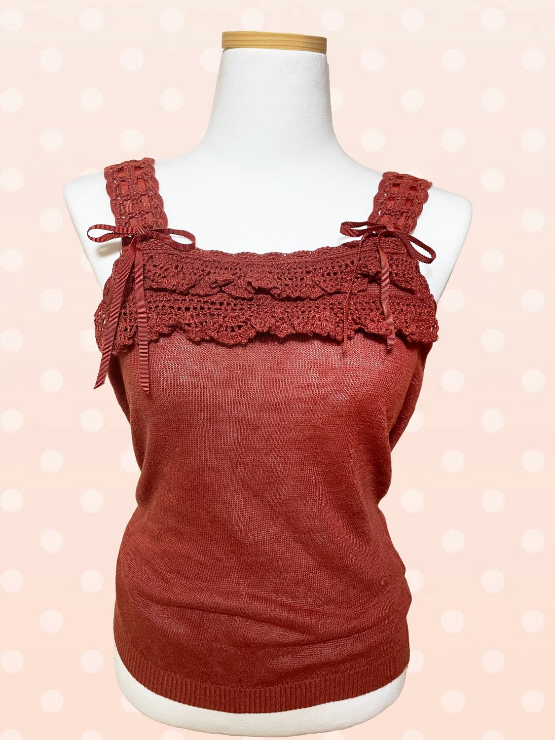 러블리 모리 빈티지 레드 크로쉐 니트 리본 아일렛 나시 슬리브리스 상품이미지2