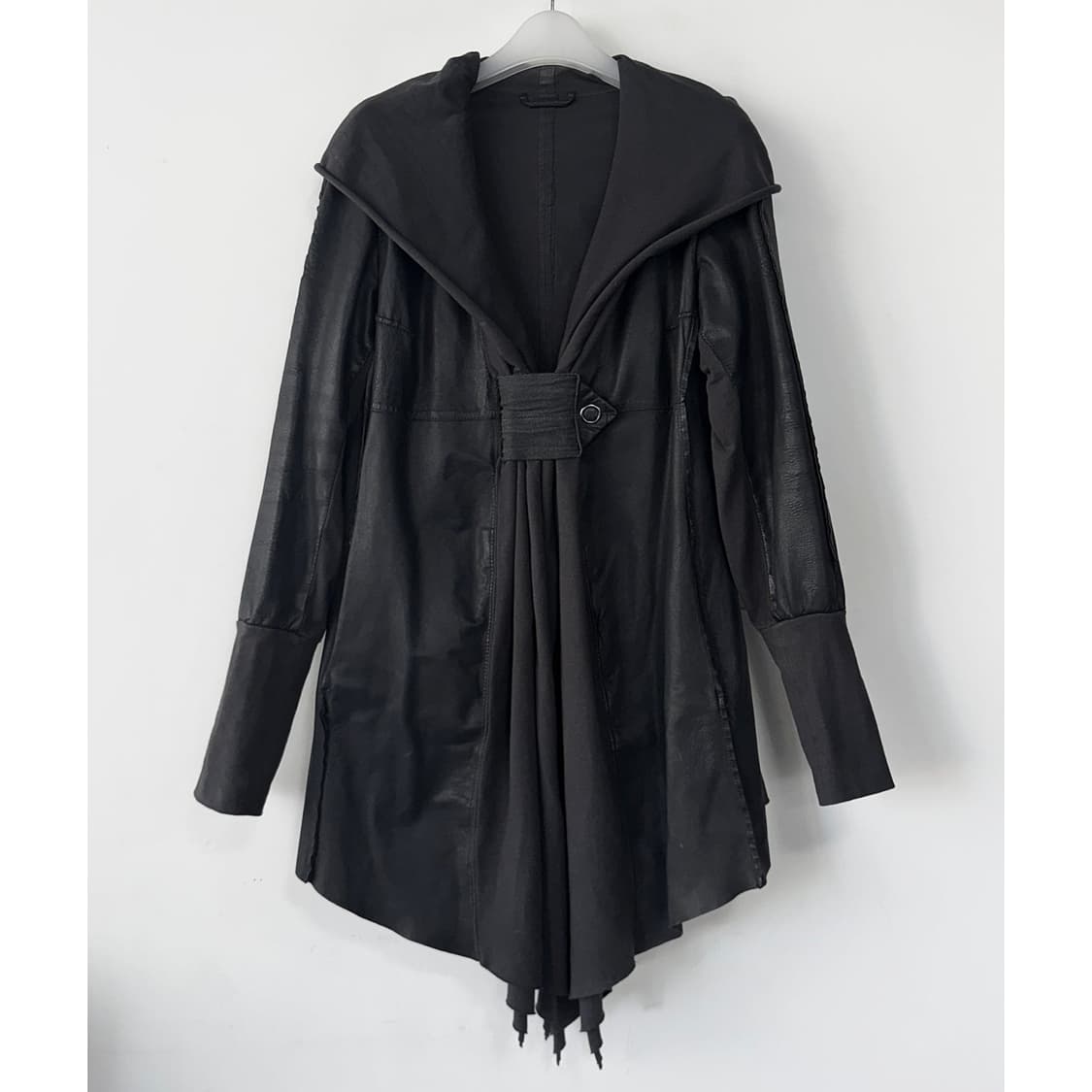 이태리 BROGDEN 텍스처블록 레더 블록 후드 롱 자켓 상품이미지1