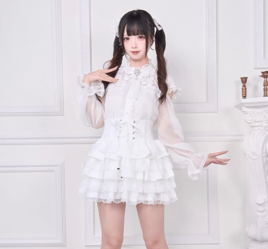 no genki 노겐키 화이트 긴팔 시스루 리본 레이스 블라우스 스커트 상품이미지1