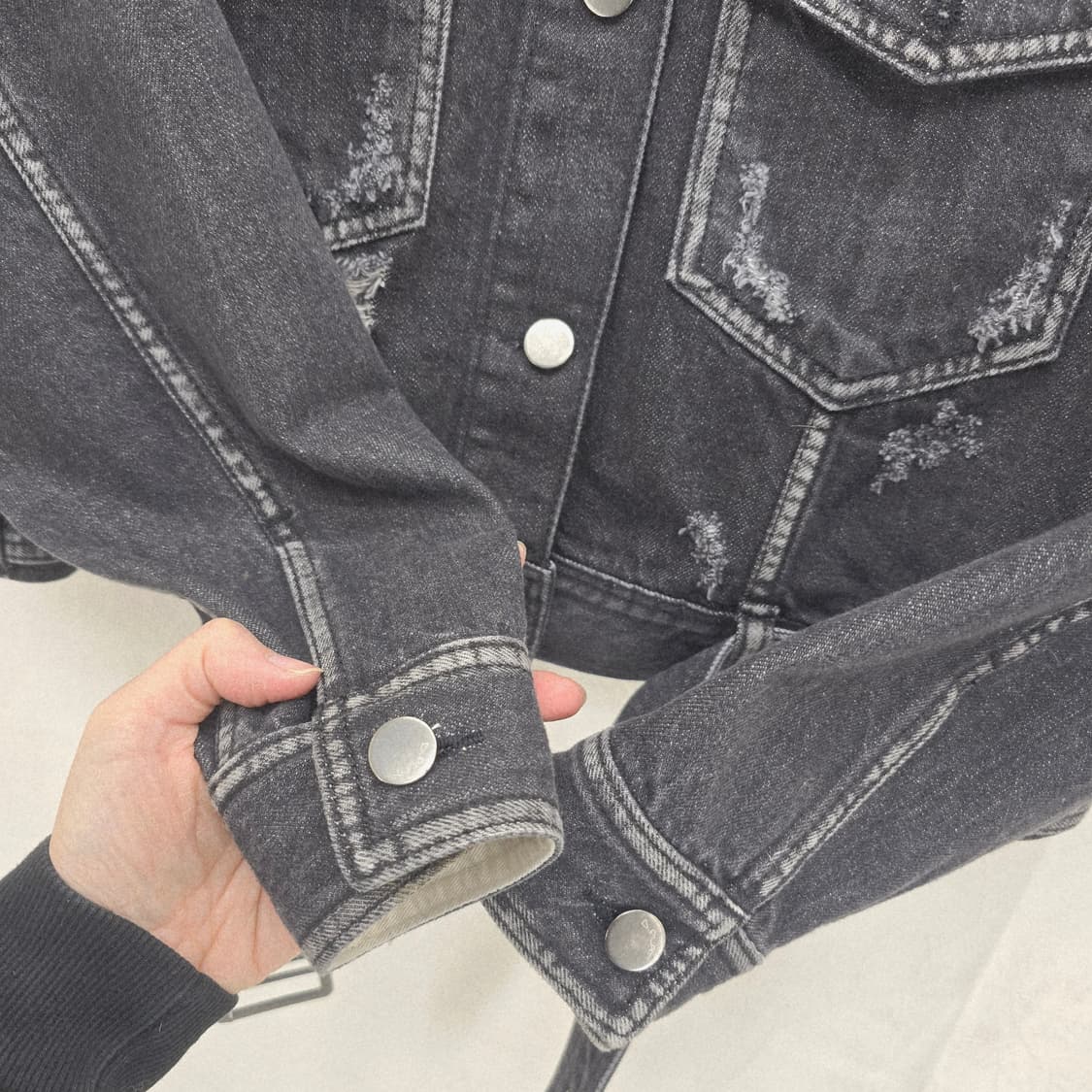 D.PLAT 데님 크롭 자켓 벨트 데미지 블랙 상품이미지4