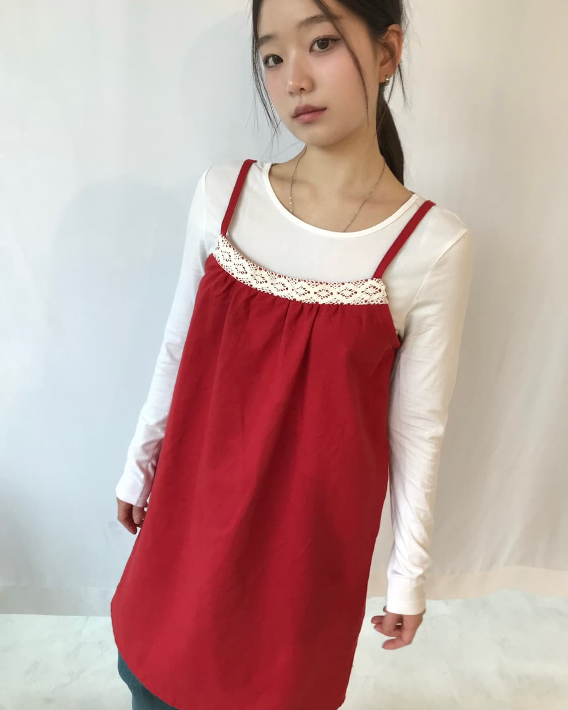 레이스 디테일 레드 원피스  상품이미지4